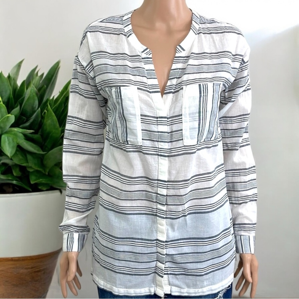 Old Navy Stripe Button Down V Neck Shirt Tunic Top - Picture 8 of 16